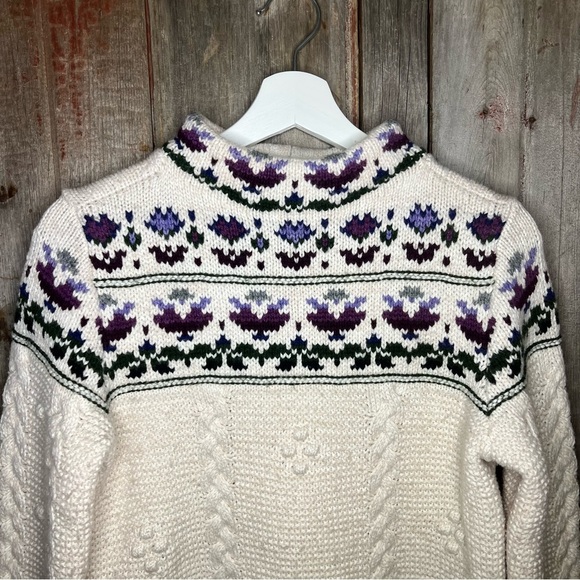 Lands' End Wool Blend Mock Neck Floral Chunky Knit Sweater Granny Size Small - Picture 2 of 12